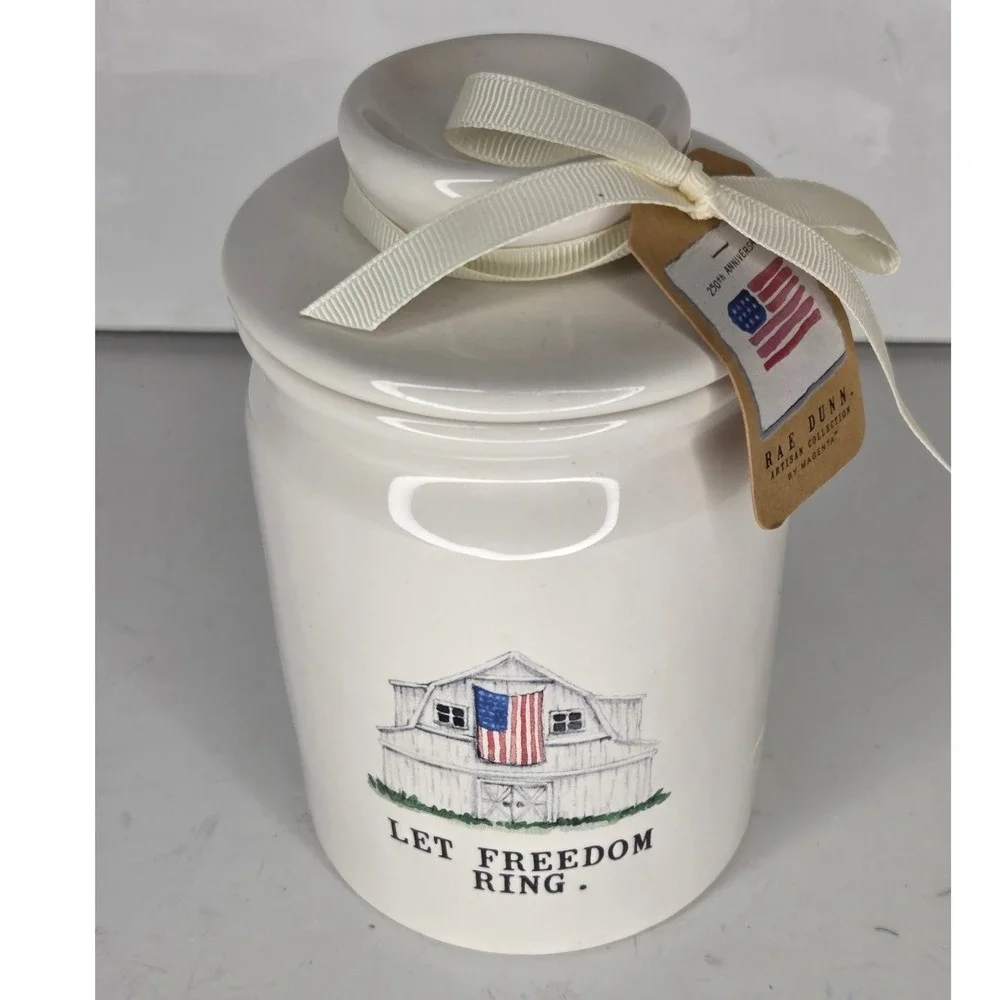 Rae Dunn Let Freedom Ring Barn American Flag Ceramic Canister Jar 250th Anniv